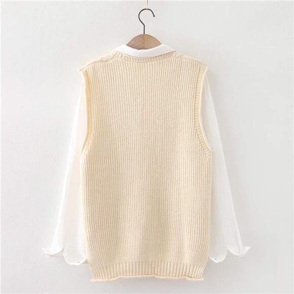 Women's Sweater Vest Sleeveless Cardigan V-Neck Button Down Beige - Picture 2 of 5